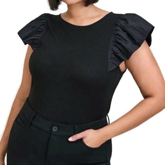 Torrid Top Size 2 2X Super Soft Ribbed Knit Mix Ruffled Flutter Sleeve Black New - Picture 15 of 15